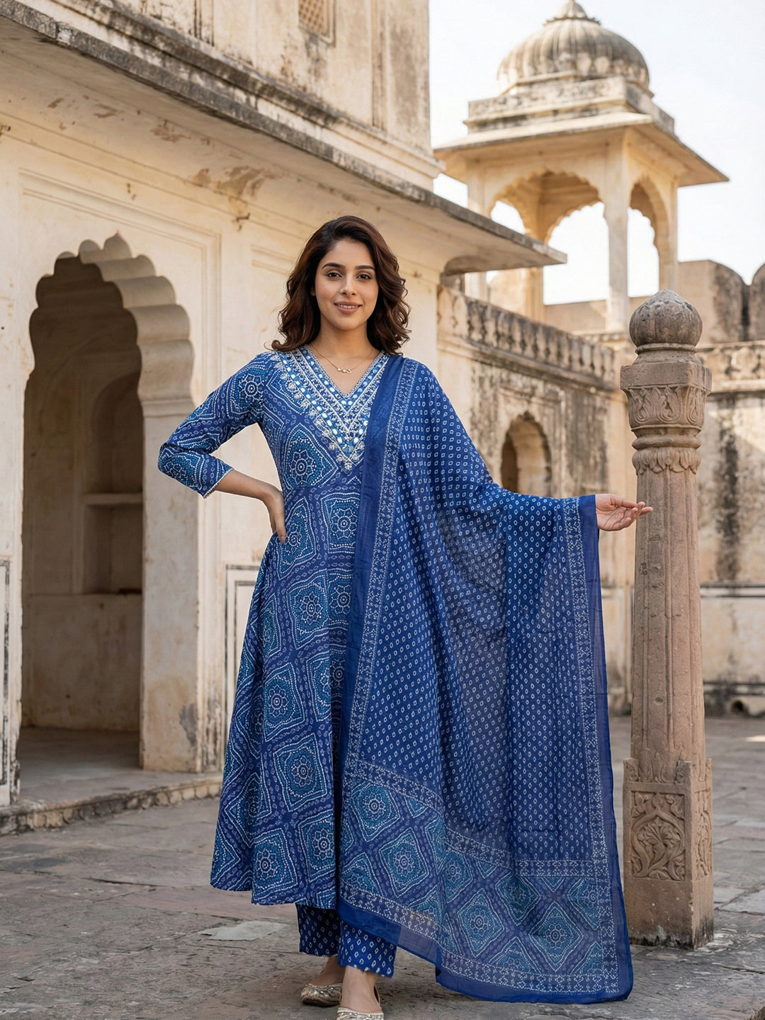 Jaitpuriya Blue Pure Cotton Anarkali Regular Kurta Set