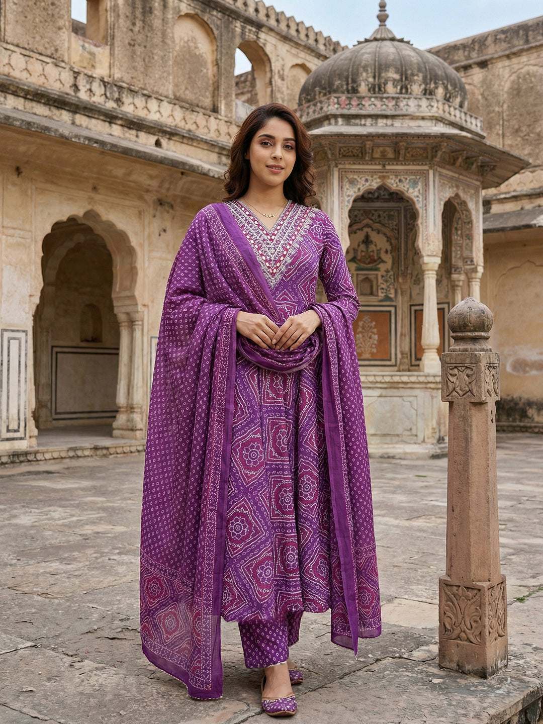 Jaitpuriya Purple Pure Cotton Anarkali Regular Kurta Set