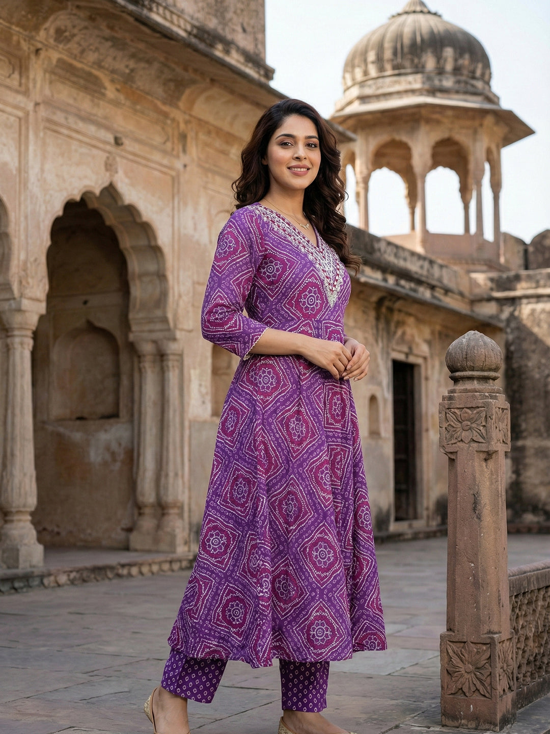 Jaitpuriya Purple Pure Cotton Anarkali Regular Kurta Set