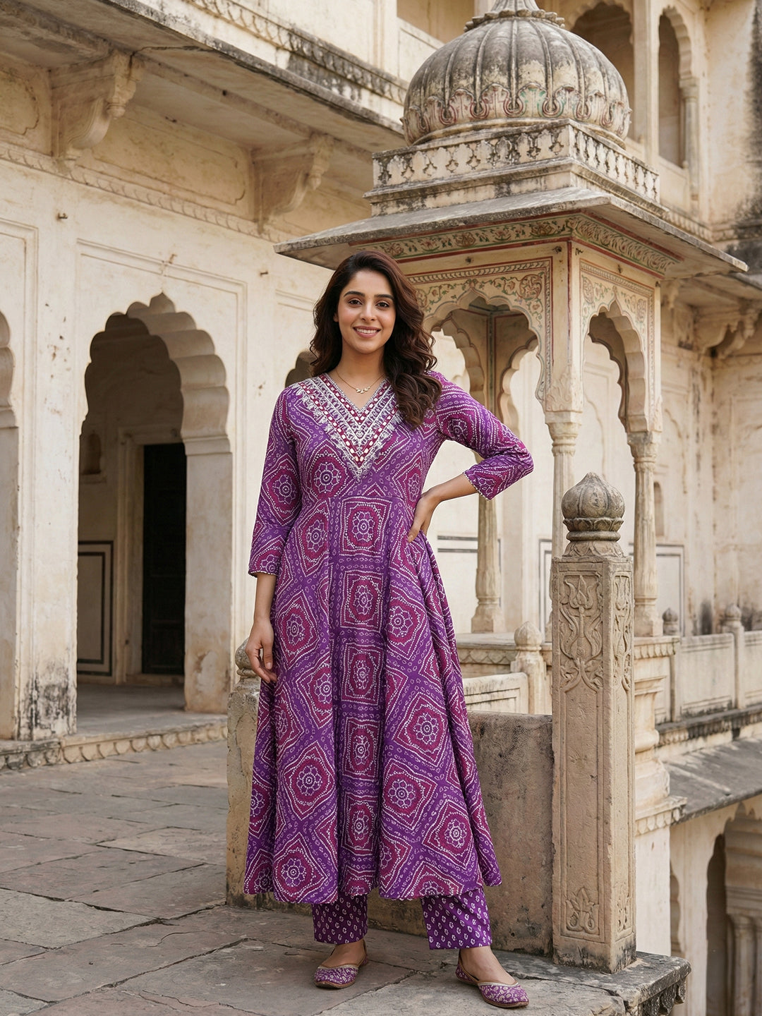 Jaitpuriya Purple Pure Cotton Anarkali Regular Kurta Set