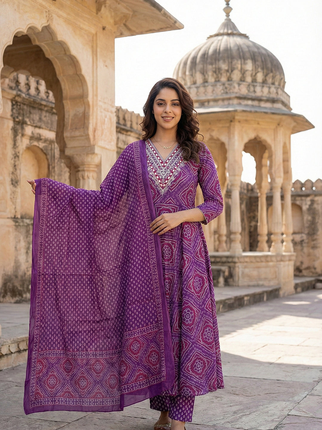 Jaitpuriya Purple Pure Cotton Anarkali Regular Kurta Set