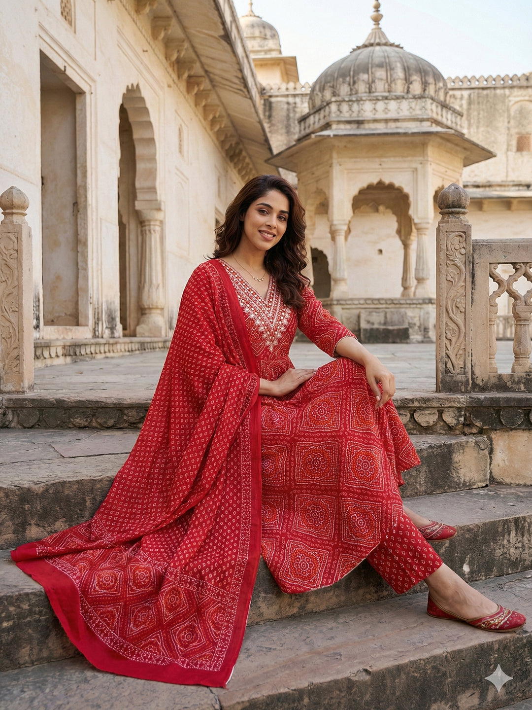 Jaitpuriya Red Pure Cotton Anarkali Regular Kurta Set