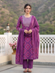Purple Pure Cotton Straight Regular Kurta Set
