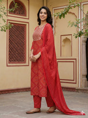 Jaitpuriya Red Pure Cotton Straight Regular Kurta Set