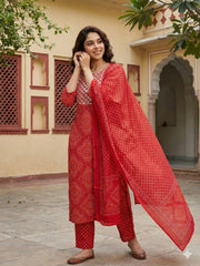 Jaitpuriya Red Pure Cotton Straight Regular Kurta Set