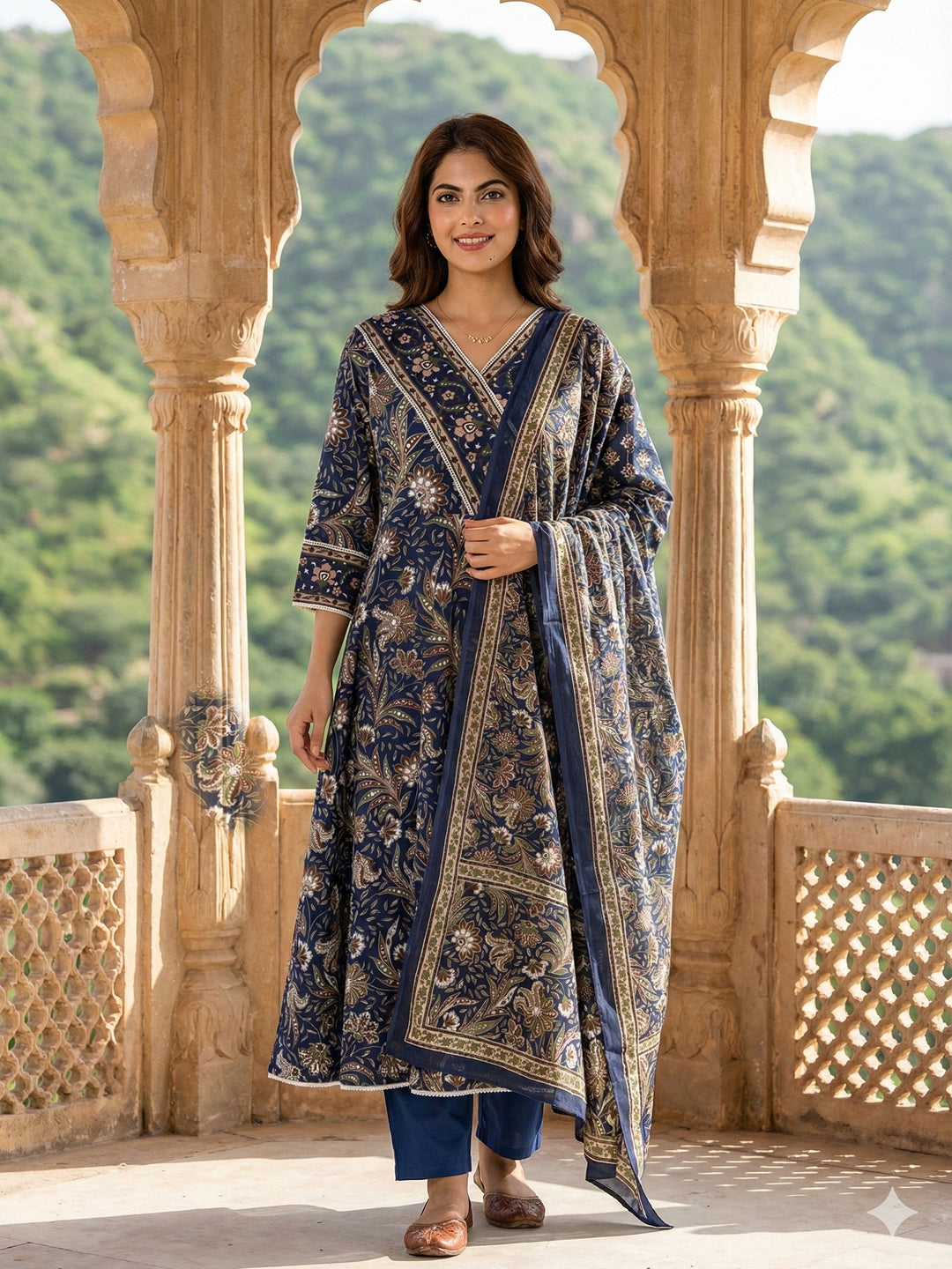 Jaitpuriya Blue Pure Cotton Anarkali Angrakha Kurta Set
