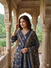 Jaitpuriya Blue Pure Cotton Anarkali Angrakha Kurta Set
