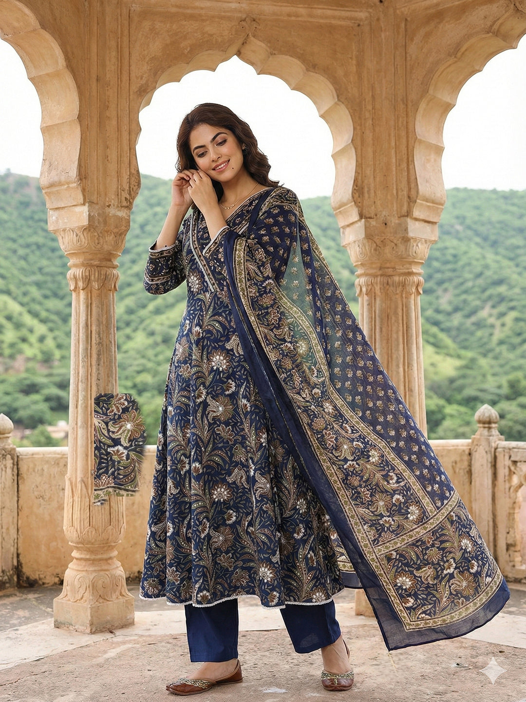 Jaitpuriya Blue Pure Cotton Anarkali Angrakha Kurta Set
