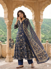 Jaitpuriya Blue Pure Cotton Anarkali Angrakha Kurta Set