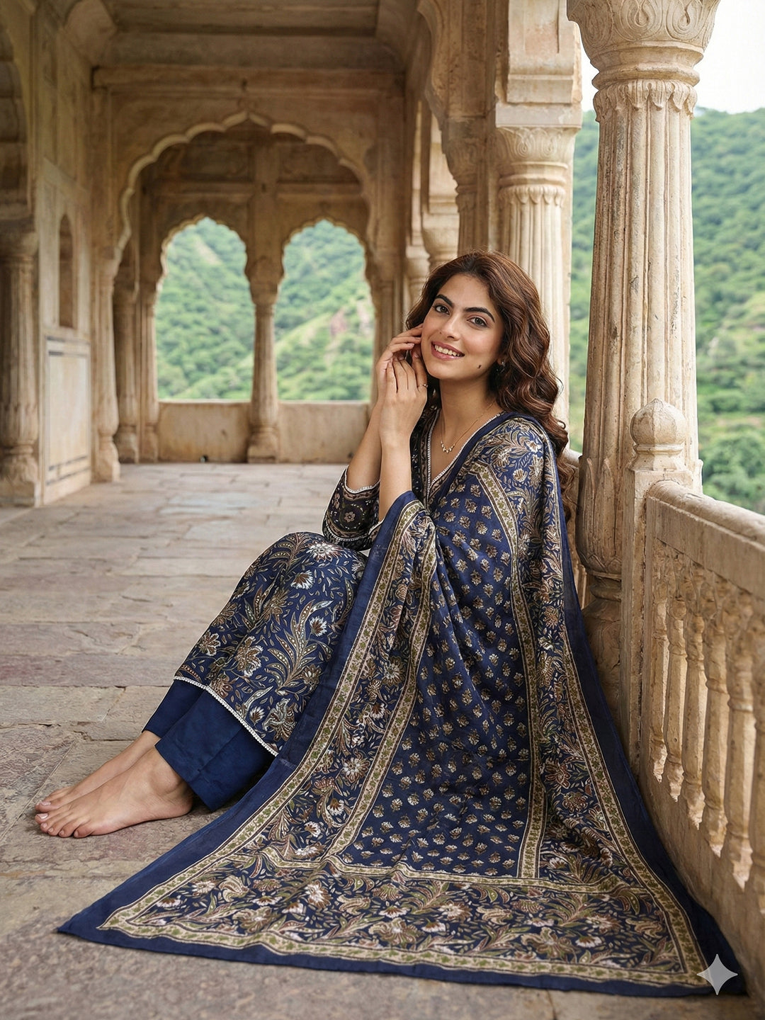 Jaitpuriya Blue Pure Cotton Anarkali Angrakha Kurta Set