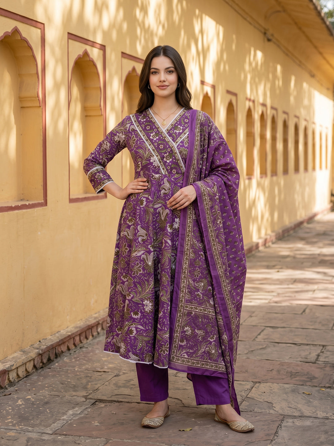 Jaitpuriya Purple Pure Cotton Anarkali Angrakha Kurta Set
