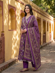 Jaitpuriya Purple Pure Cotton Anarkali Angrakha Kurta Set