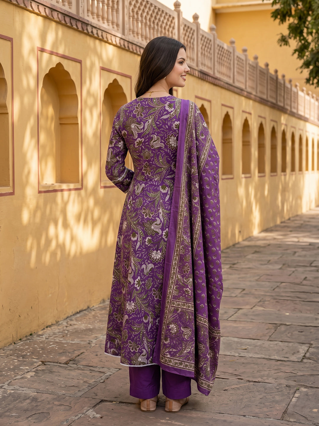 Jaitpuriya Purple Pure Cotton Anarkali Angrakha Kurta Set