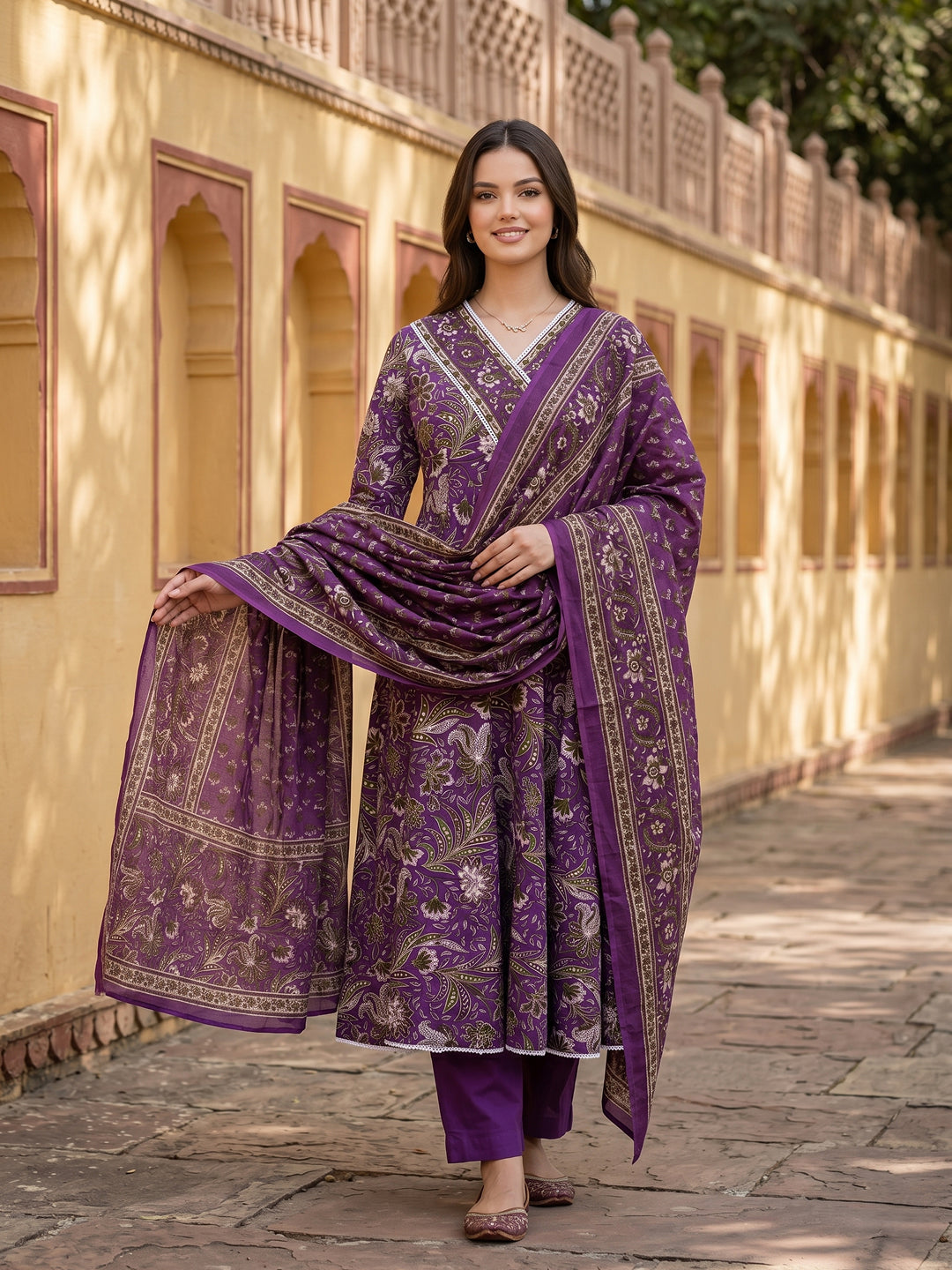 Jaitpuriya Purple Pure Cotton Anarkali Angrakha Kurta Set