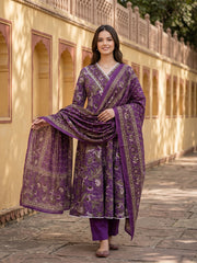 Jaitpuriya Purple Pure Cotton Anarkali Angrakha Kurta Set