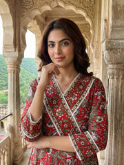 Jaitpuriya Red Pure Cotton Anarkali Angrakha Kurta Set