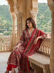 Jaitpuriya Red Pure Cotton Anarkali Angrakha Kurta Set