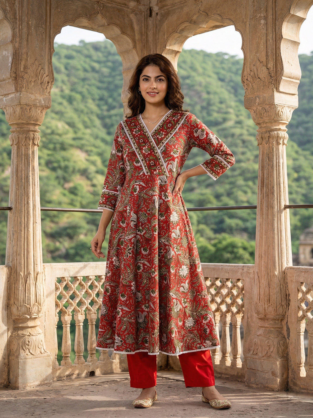 Jaitpuriya Red Pure Cotton Anarkali Angrakha Kurta Set