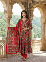 Jaitpuriya Red Pure Cotton Anarkali Angrakha Kurta Set