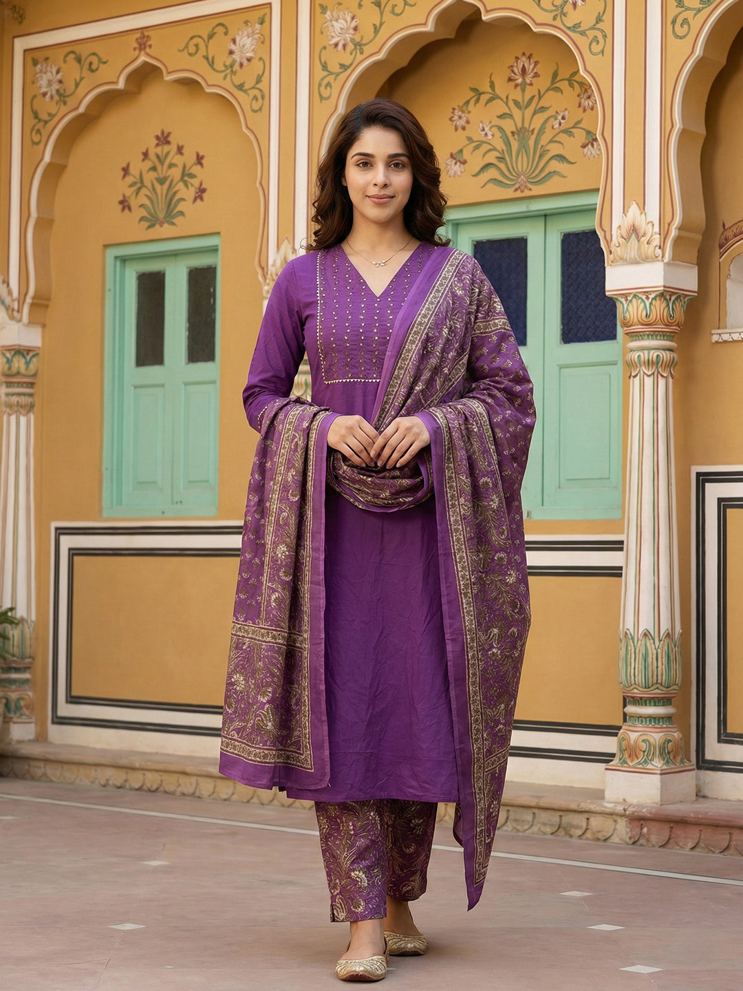 Jaitpuriya Purple Pure Cotton Straight Regular Kurta Set