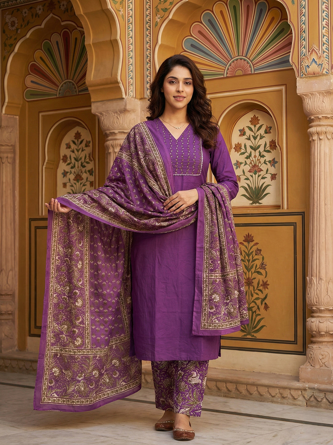 Jaitpuriya Purple Pure Cotton Straight Regular Kurta Set