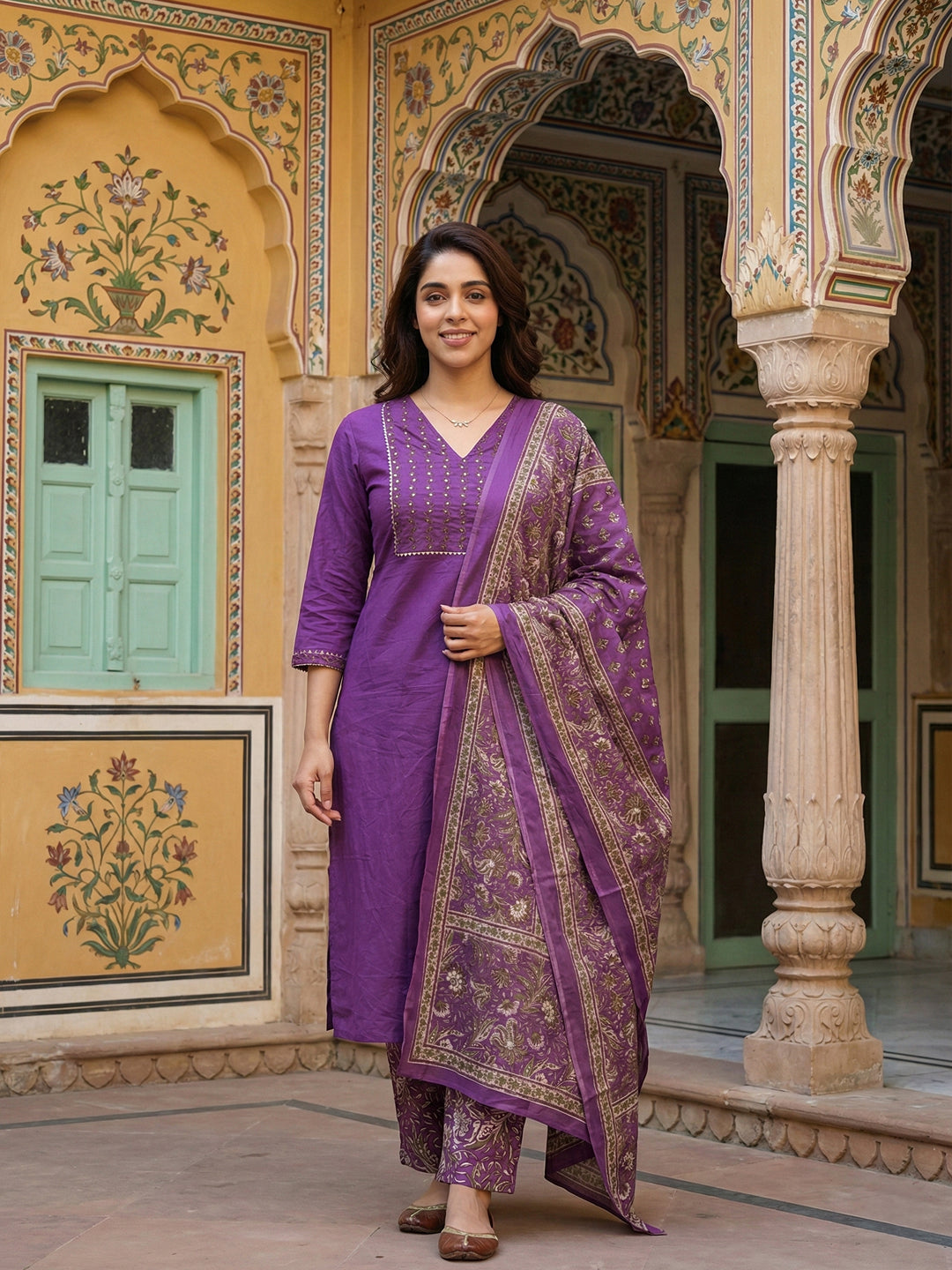Jaitpuriya Purple Pure Cotton Straight Regular Kurta Set