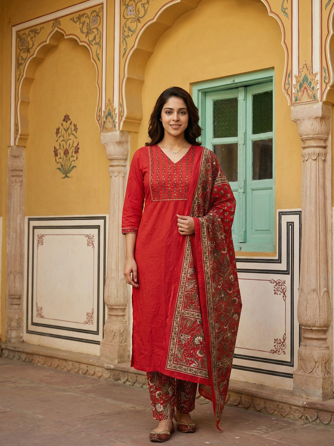 Jaitpuriya Red Pure Cotton Straight Regular Kurta Set