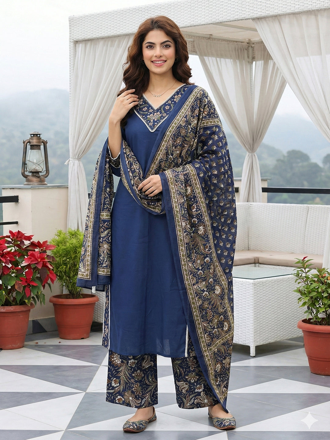 Jaitpuriya Blue Pure Cotton Straight Regular Kurta Set