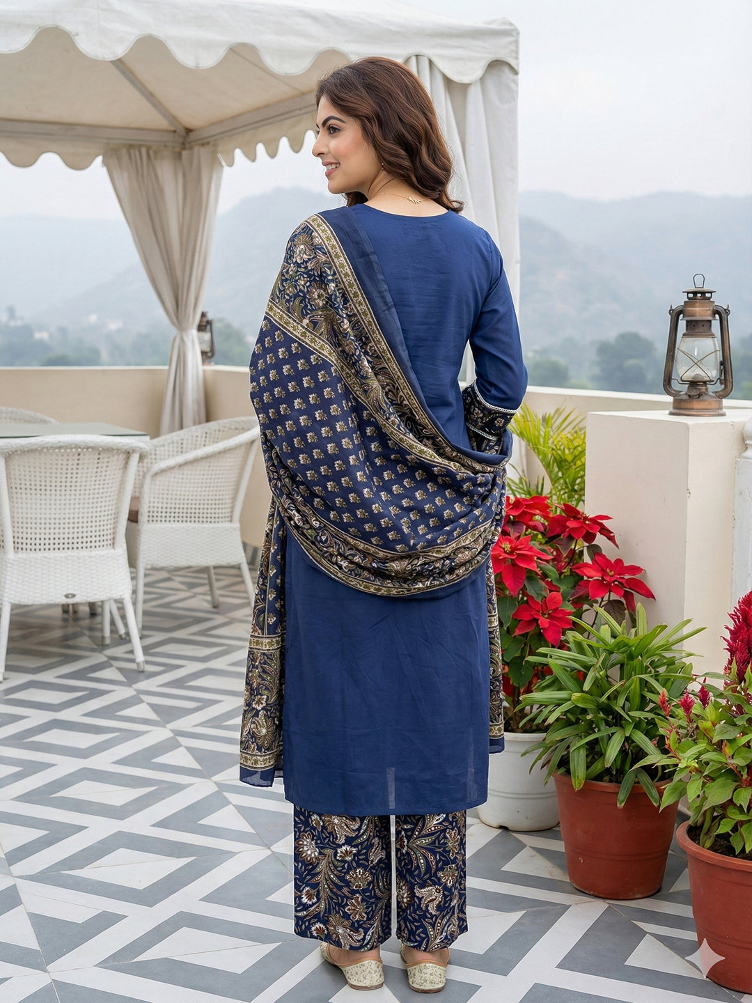 Jaitpuriya Blue Pure Cotton Straight Regular Kurta Set