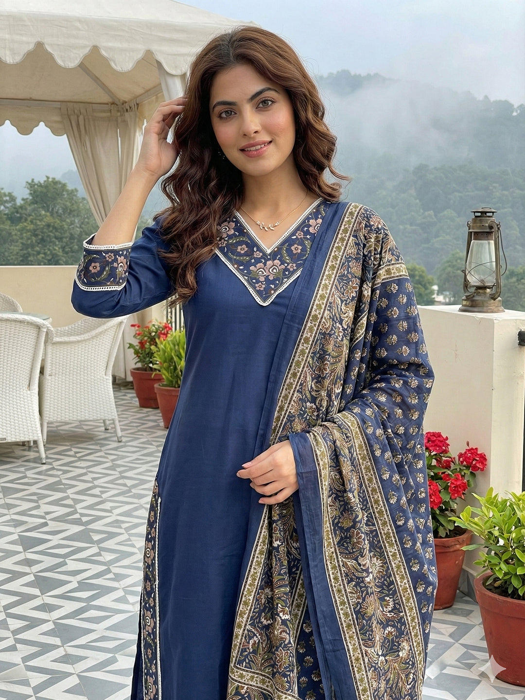 Jaitpuriya Blue Pure Cotton Straight Regular Kurta Set