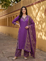 Purple Pure Cotton Straight Regular Kurta Set