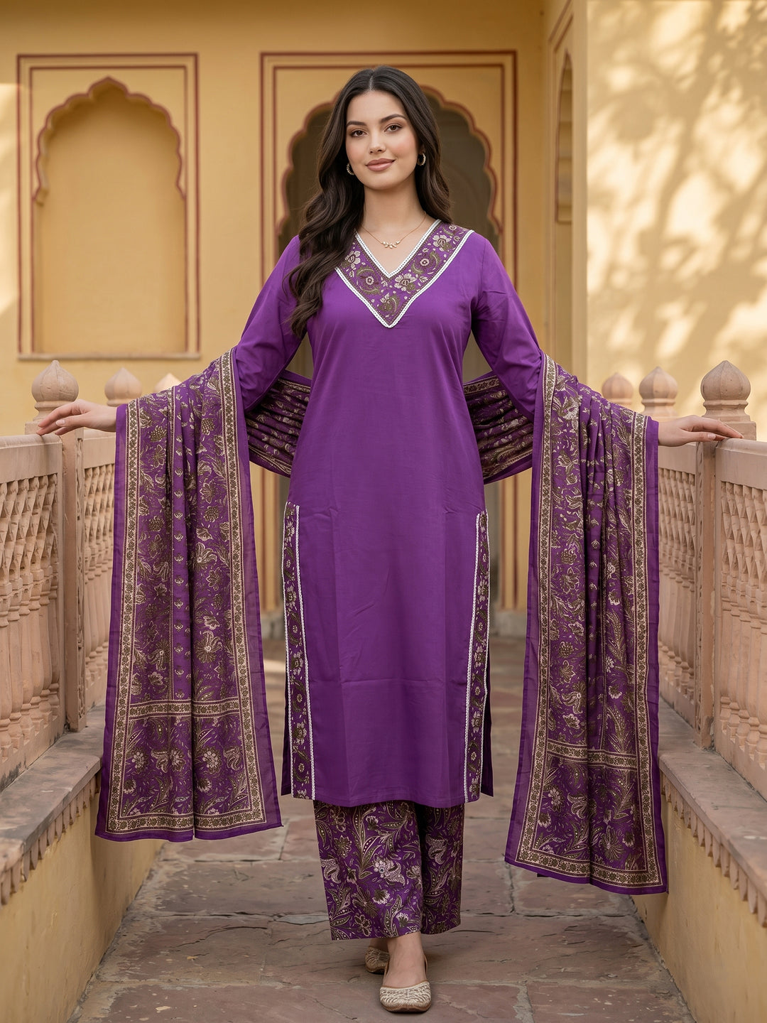 Purple Pure Cotton Straight Regular Kurta Set