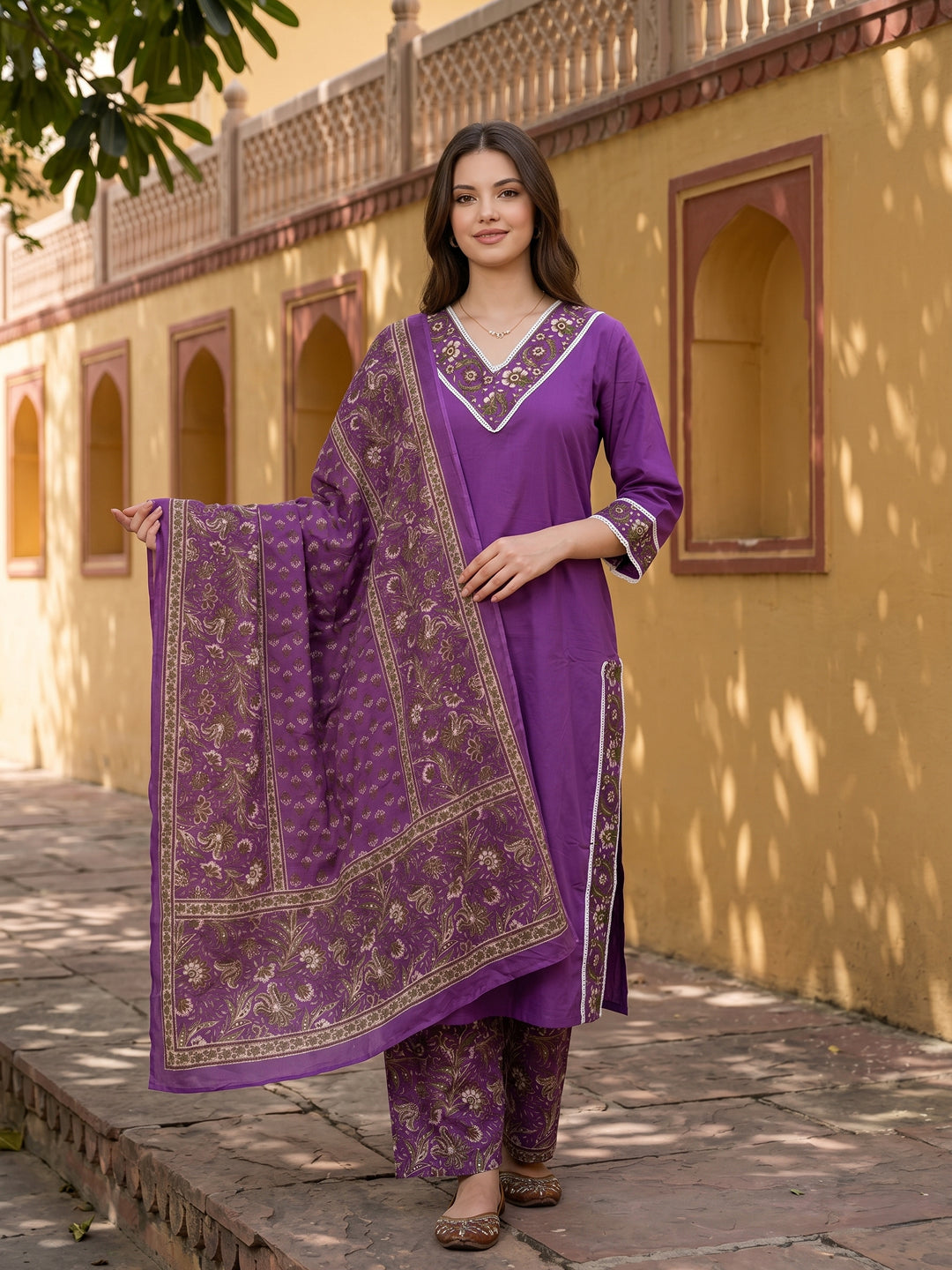 Purple Pure Cotton Straight Regular Kurta Set