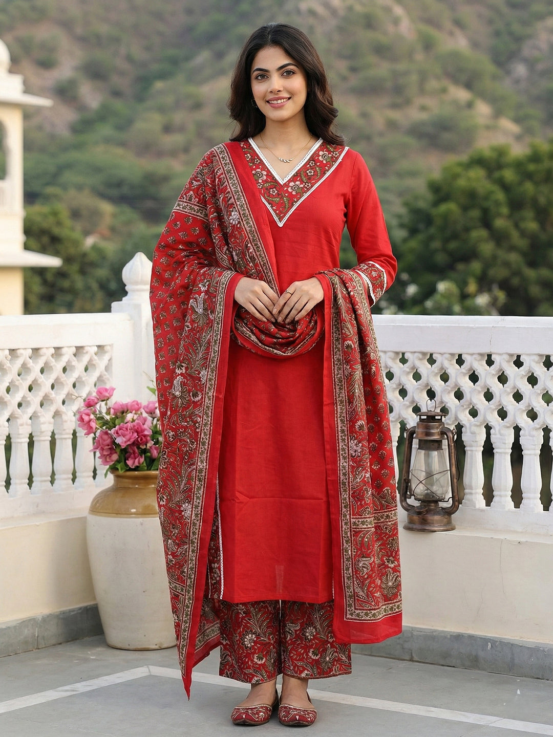 Jaitpuriya Red Pure Cotton Straight Regular Kurta Set
