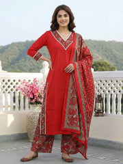Jaitpuriya Red Pure Cotton Straight Regular Kurta Set