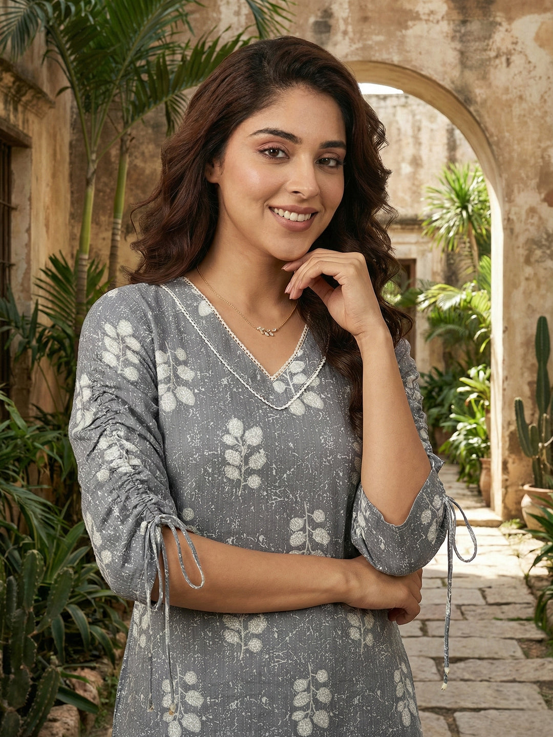 Jaitpuriya Grey Pure Cotton Straight Regular Kurta Set