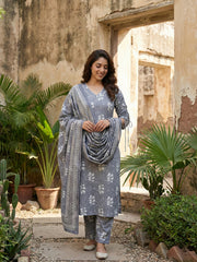 Jaitpuriya Grey Pure Cotton Straight Regular Kurta Set
