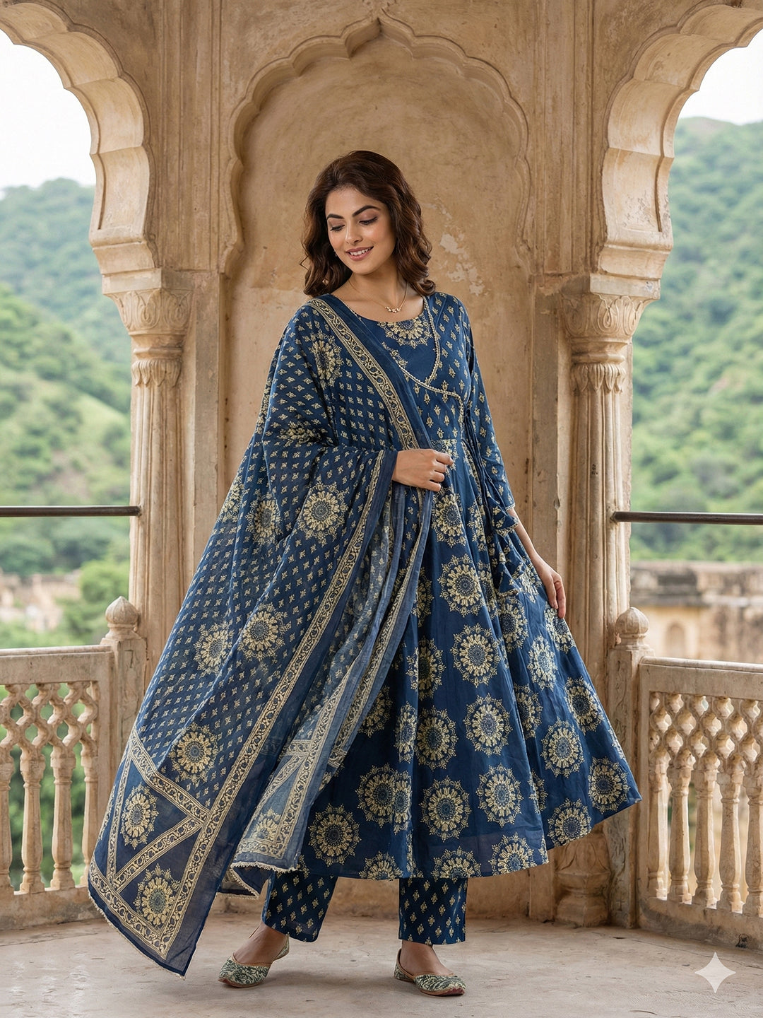 Jaitpuriya Blue Pure Cotton Anarkali Angrakha Kurta Set