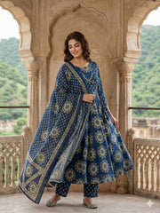 Jaitpuriya Blue Pure Cotton Anarkali Angrakha Kurta Set