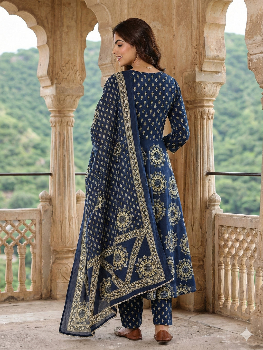 Jaitpuriya Blue Pure Cotton Anarkali Angrakha Kurta Set