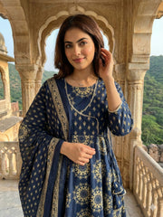 Jaitpuriya Blue Pure Cotton Anarkali Angrakha Kurta Set