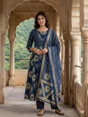 Jaitpuriya Blue Pure Cotton Anarkali Angrakha Kurta Set