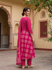 Jaitpuriya Pink Pure Cotton Anarkali Angrakha Kurta Set