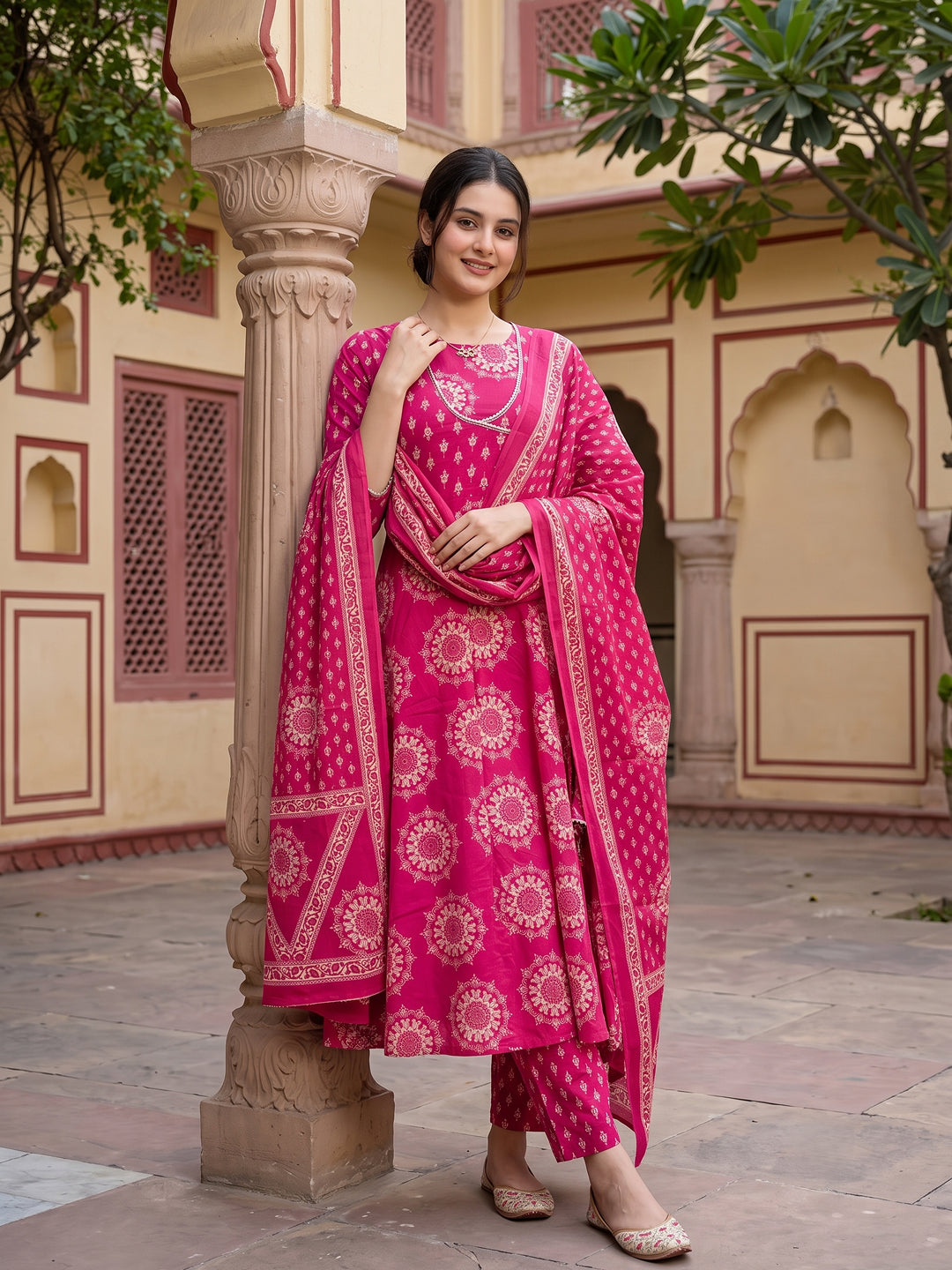 Jaitpuriya Pink Pure Cotton Anarkali Angrakha Kurta Set