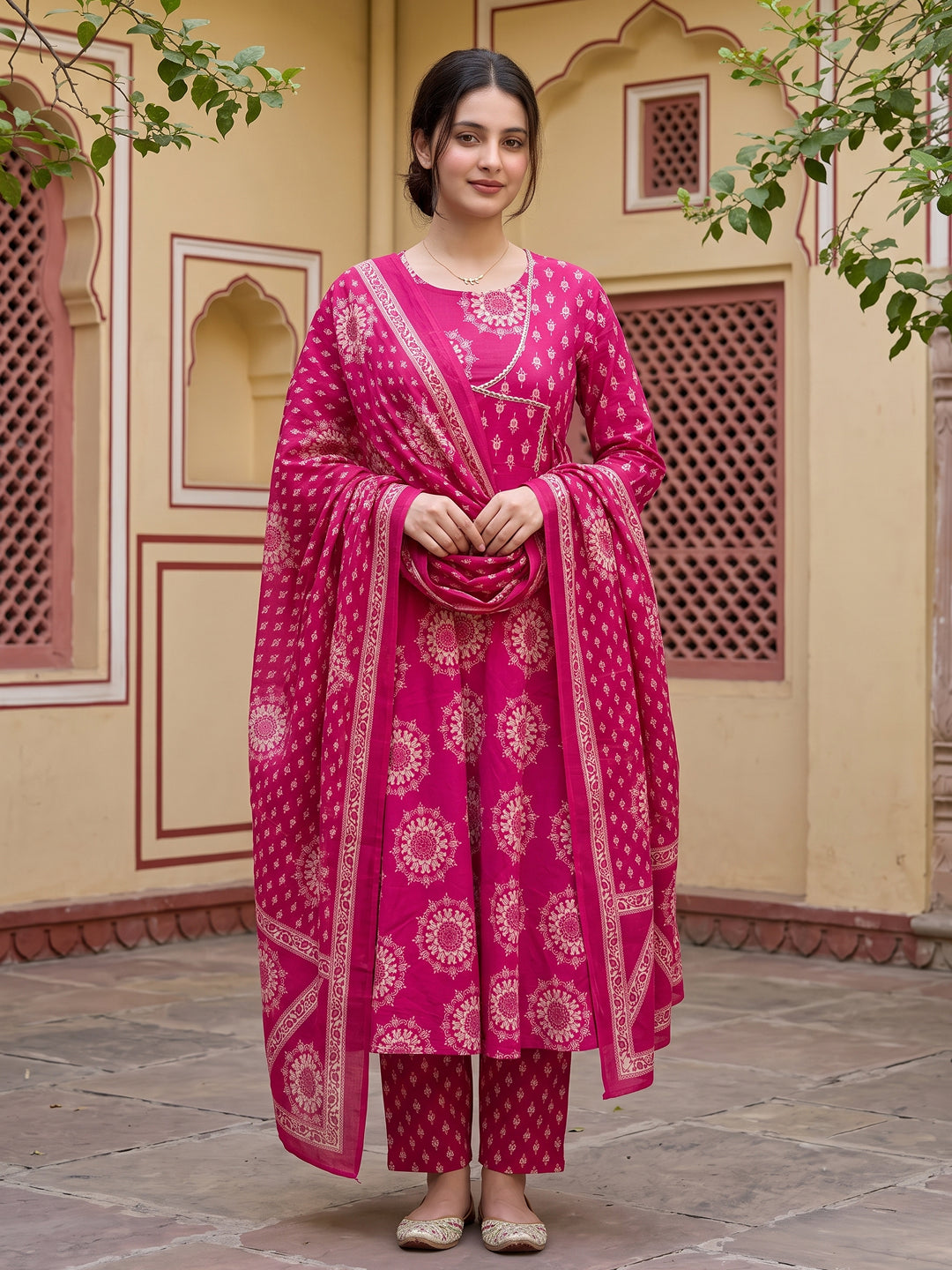 Jaitpuriya Pink Pure Cotton Anarkali Angrakha Kurta Set