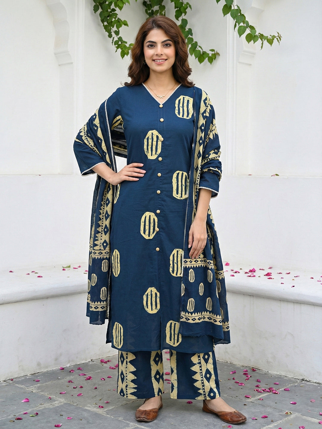 Jaitpuriya Blue And Cream Pure Cotton Straight Regular Kurta Set