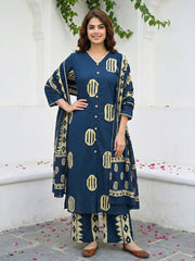 Jaitpuriya Blue And Cream Pure Cotton Straight Regular Kurta Set