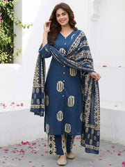 Jaitpuriya Blue And Cream Pure Cotton Straight Regular Kurta Set