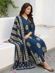 Jaitpuriya Blue And Cream Pure Cotton Straight Regular Kurta Set