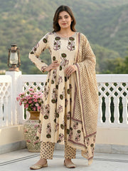 Jaitpuriya Green And Beige Pure Cotton Anarkali Regular Kurta Set